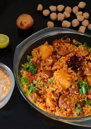 A picture of Soya chunks, potato biryani.