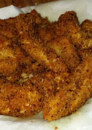 A picture of Panko breaded parmesan chicken strips.