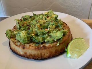 Smashed avocado(gaucamole style) on toasted crumpet