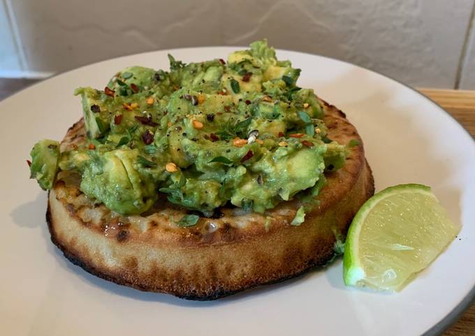 Smashed avocado(gaucamole style) on toasted crumpet