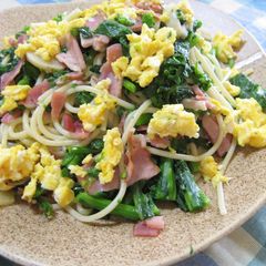 Spring Pasta (Aglio, Olio e Peperoncino) with Nanohana Greens A picture of Spring Pasta (Aglio, Olio e Peperoncino) with Nanohana Greens.