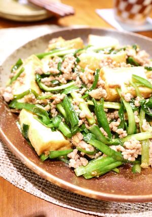 A picture of Great with Rice! Stewed Simmered Atsuage, Chinese Chive and Ground Pork.