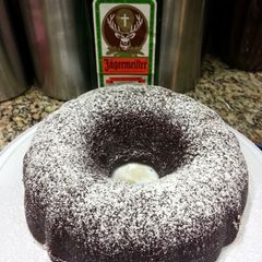 A picture of Jägermeister and Honey Bundt Cake.