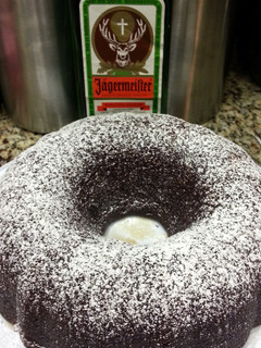 A picture of Jägermeister and Honey Bundt Cake.