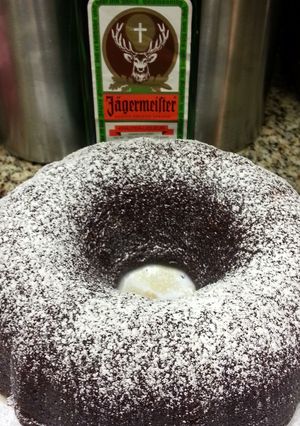 A picture of Jägermeister and Honey Bundt Cake.
