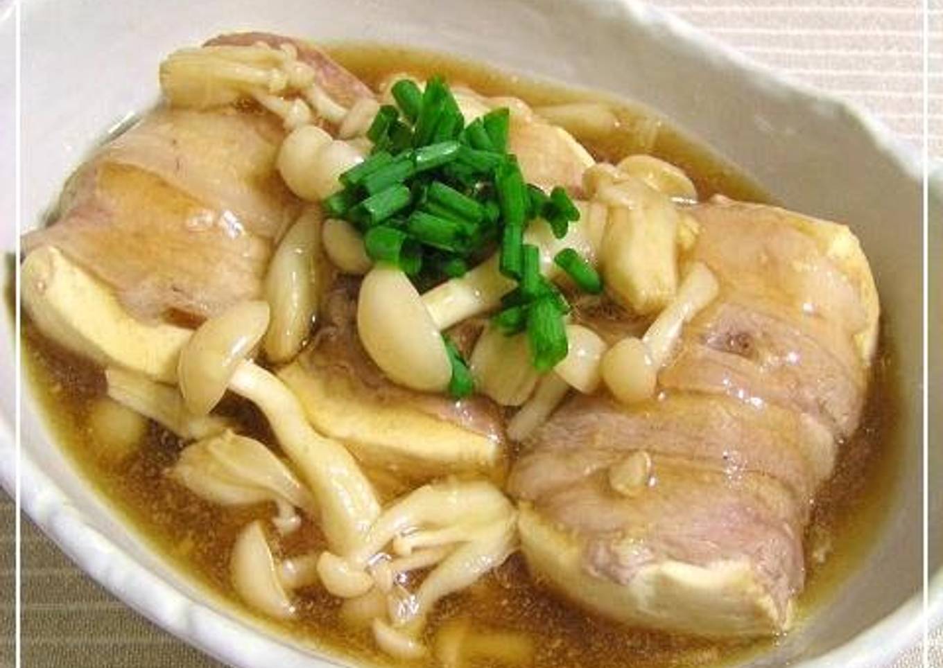 Tofu Wrapped with Pork Served with Thick Mushroom Sauce