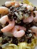 Sig's Puy Lentils and Prawns over Tagliatelle