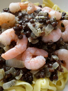 A picture of Sig's Puy Lentils and Prawns over Tagliatelle.