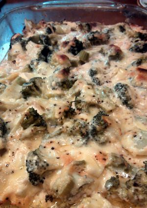 A picture of Cheesy chicken and little tree casserole.