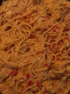 A picture of Cheesy chicken spaghetti.