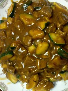 A picture of great grandma's zucchini and steak.