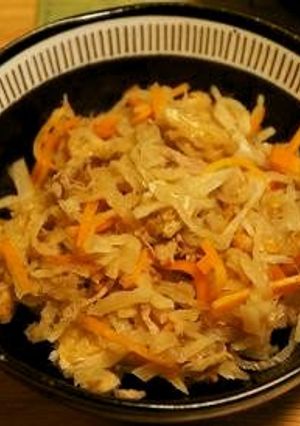 A picture of Simmered Kiriboshi Daikon, Tuna, Carrot, and Aburaage.