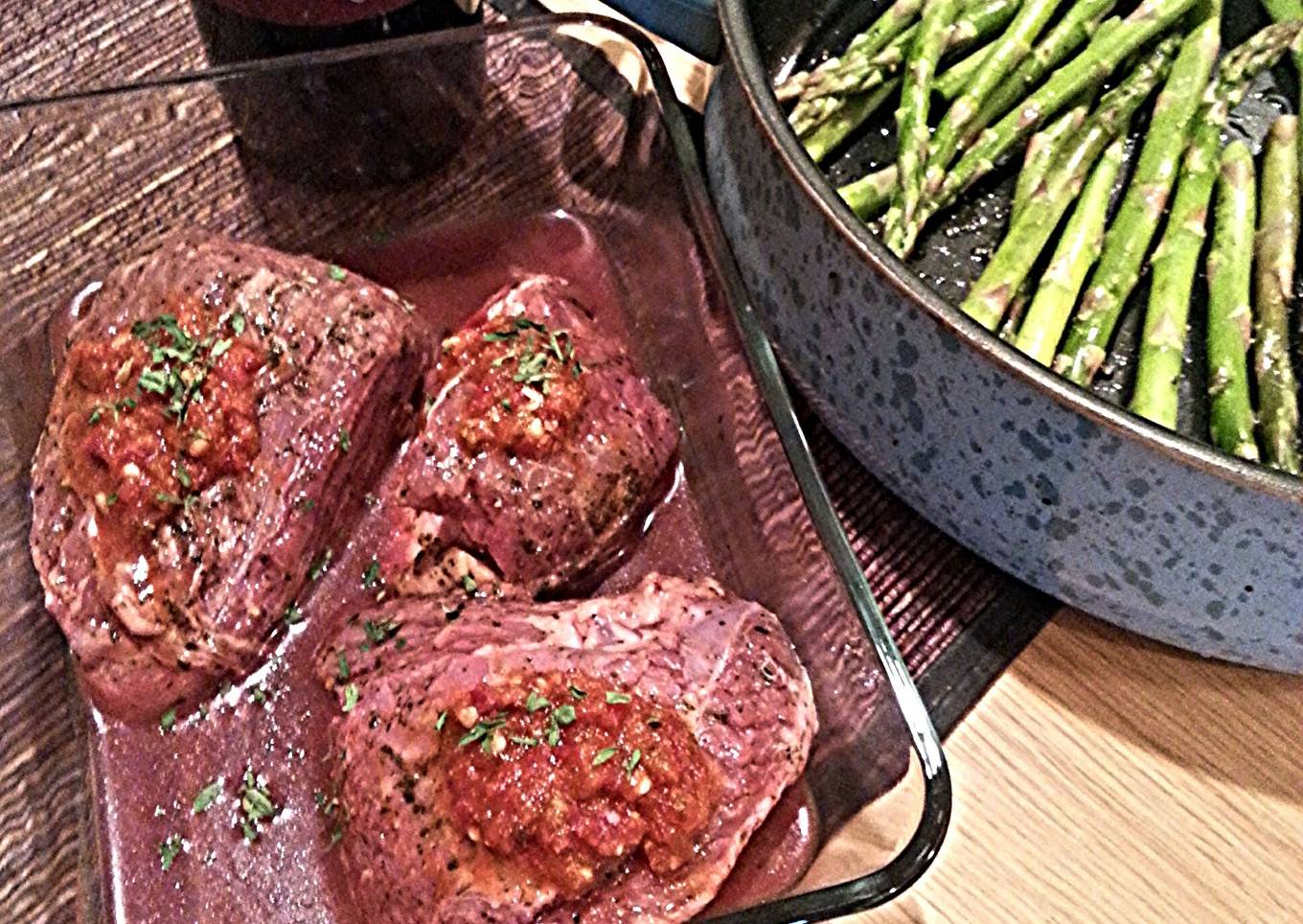Filet Mignon With Red Wine Chili Garlic Sauce & Teriyaki Sauteed Asparagus.