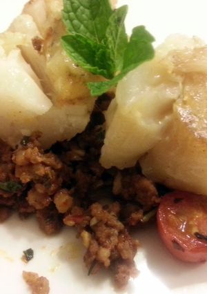 A picture of Pan seared cod with homemade chorizo.