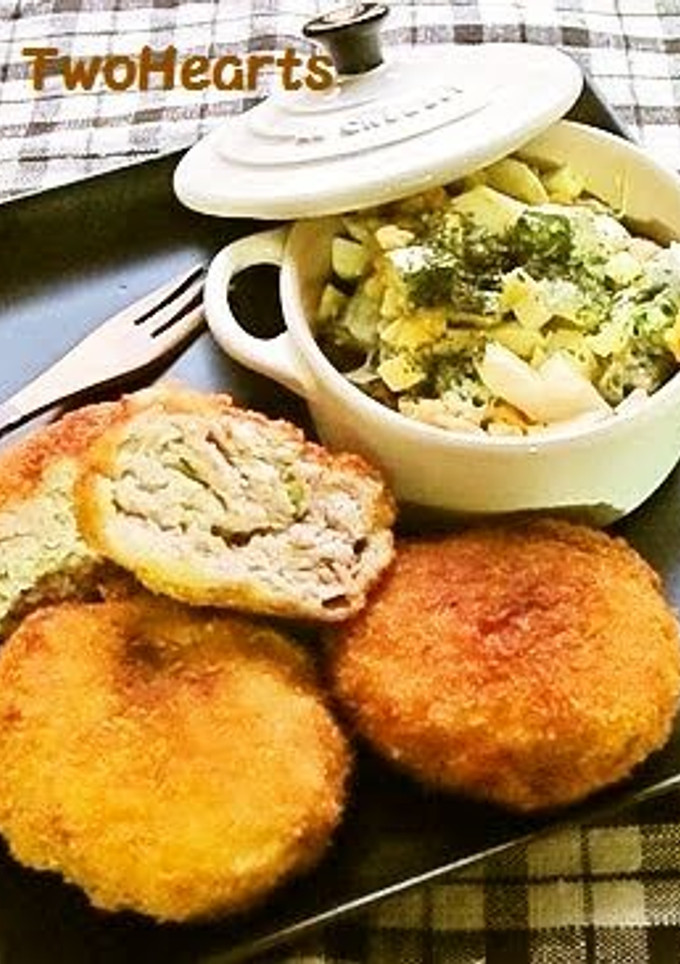 A picture of Minced Pork Cutlets with Ham and Cabbage.