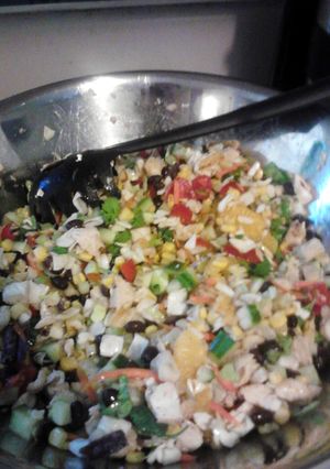 A picture of Everything but the kitchen sink chopped salad.