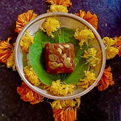 A picture of Atta Gud Ka Halwa Prasad for Navratri Ashtami Bhog/ Whole Wheat & Jaggery Halwa/ Kankecha Shira.