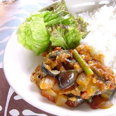 Curried Summer Veggies & Pork Simmered with Tomatoes A picture of Curried Summer Veggies & Pork Simmered with Tomatoes.