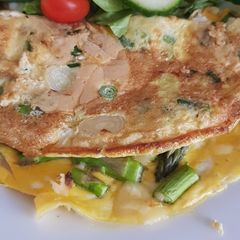 Quick asparagus, spring onion and cheddar omlette A picture of Quick asparagus, spring onion and cheddar omlette.