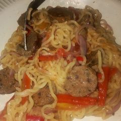 A picture of Noodles and sausage 👩‍🍳.