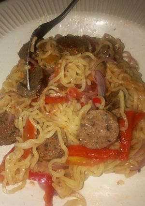 A picture of Noodles and sausage 👩‍🍳.