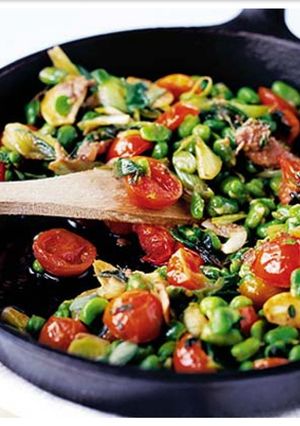 A picture of Healthy broad beans cherry tomatoes and anchovy.