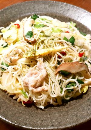 A picture of Somen Champuru with Fermented Bamboo Shoots (Menma).