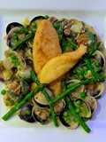 John dory with clams, asparagus, peas and parsley