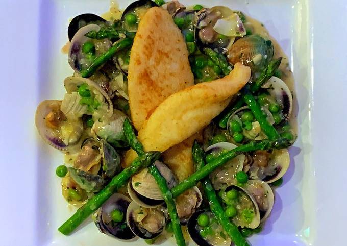 John dory with clams, asparagus, peas and parsley