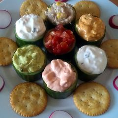 A picture of Vickys Cucumber Salad Cups with Filling/Dip Options.