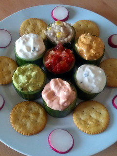 A picture of Vickys Cucumber Salad Cups with Filling/Dip Options.