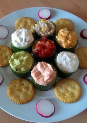 A picture of Vickys Cucumber Salad Cups with Filling/Dip Options.