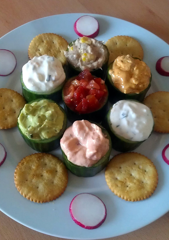 A picture of Vickys Cucumber Salad Cups with Filling/Dip Options.