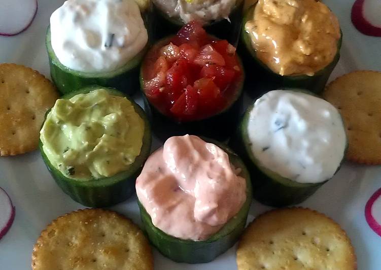 Recipe of Tasty Vickys Cucumber Salad Cups with Filling/Dip Options