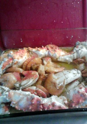 A picture of baked crab and shrimp.