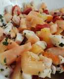 Salpicón de pulpo y gambas con tomate rosa y vinagreta de mostaza