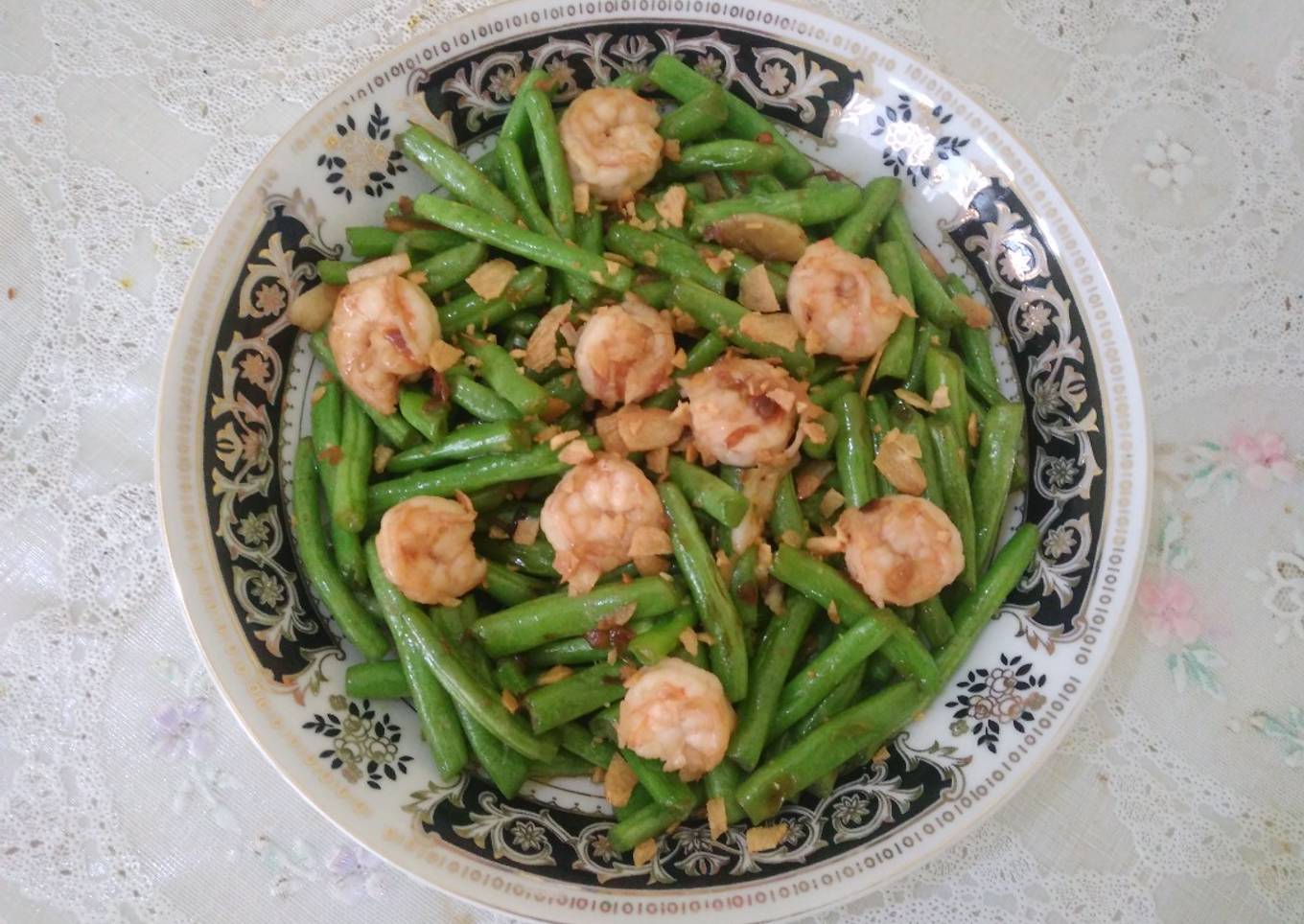Baby buncis tumis udang saus xo