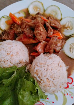 A picture of Rice and pork meat sauce.