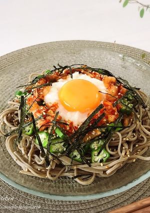 A picture of Quick & Easy Chilled Soba with Natto and Okra.