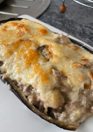 A picture of Stuffed Eggplant with Ground Beef and Bechamel.