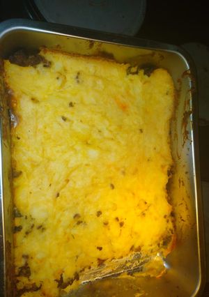 A picture of Oven baked mince and mashed potatoes.