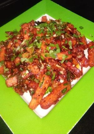 A picture of Schezwan chilli potato.