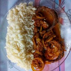 A picture of Smoked Dried Panla(Blue Whiting) Fish Gravy and White Rice.