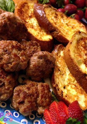 A picture of Sausages and Savory French Toast.