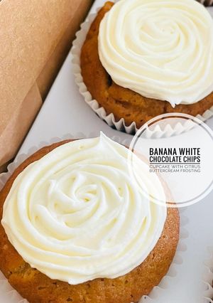 A picture of Banana White Chocolate chips Cupcake with Citrus Buttermilk Frosting.