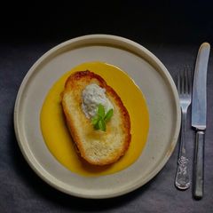 A picture of French Toast on Milk-Based Mango Custard.