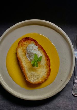 A picture of French Toast on Milk-Based Mango Custard.