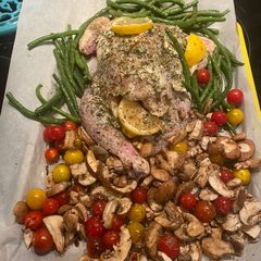 A picture of Spatchcock Herb of Provence Chicken w Lemon and vegetables (easy sheet pan dinner).