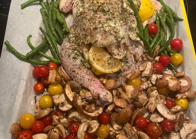 Spatchcock Herb of Provence Chicken w Lemon and vegetables (easy sheet pan dinner)