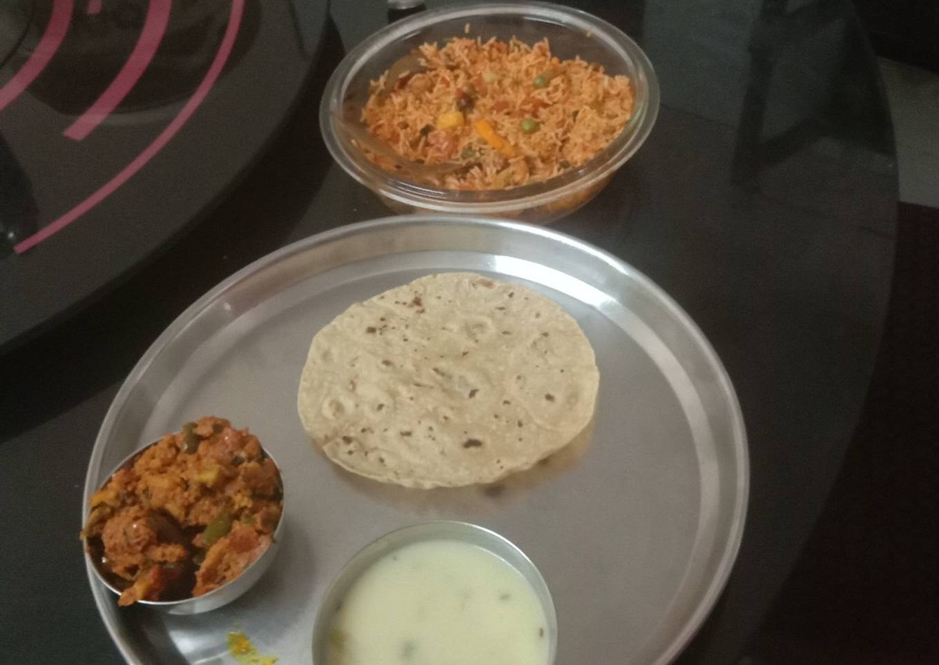 Pulav kadhi capsicum tomato peanut sabji and roti